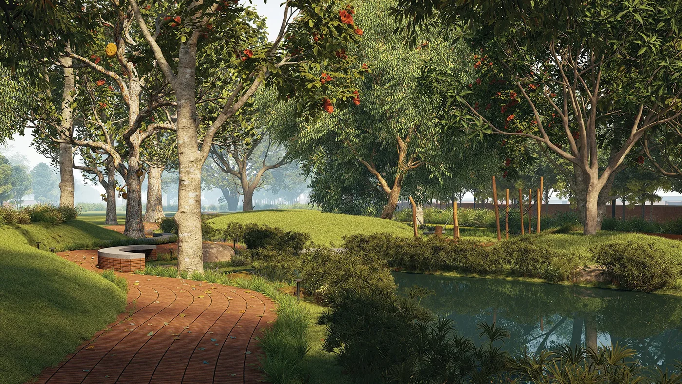 Garden promenade and water edge at Total Environment Yelahanka